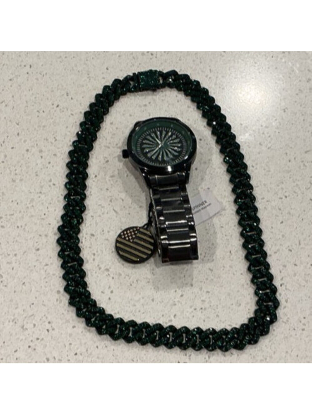 AJ TimeSpinner Black and Green with 20" Matching Cuban Chain